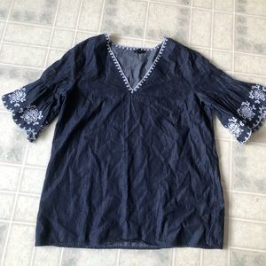 Ann Taylor Dark Blue embroidered Chambray flutter Sleeve blouse